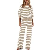 ReachMe Womens Oversized Striped 2 Piece Sets Button Up Cardigan and Wide Leg Pants with Pockets Fall Pajama Outfit