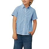 Hestenve Kid Boys Button Down Cotton Linen Shirt Casual Summer Short Sleeve Dress Shirt