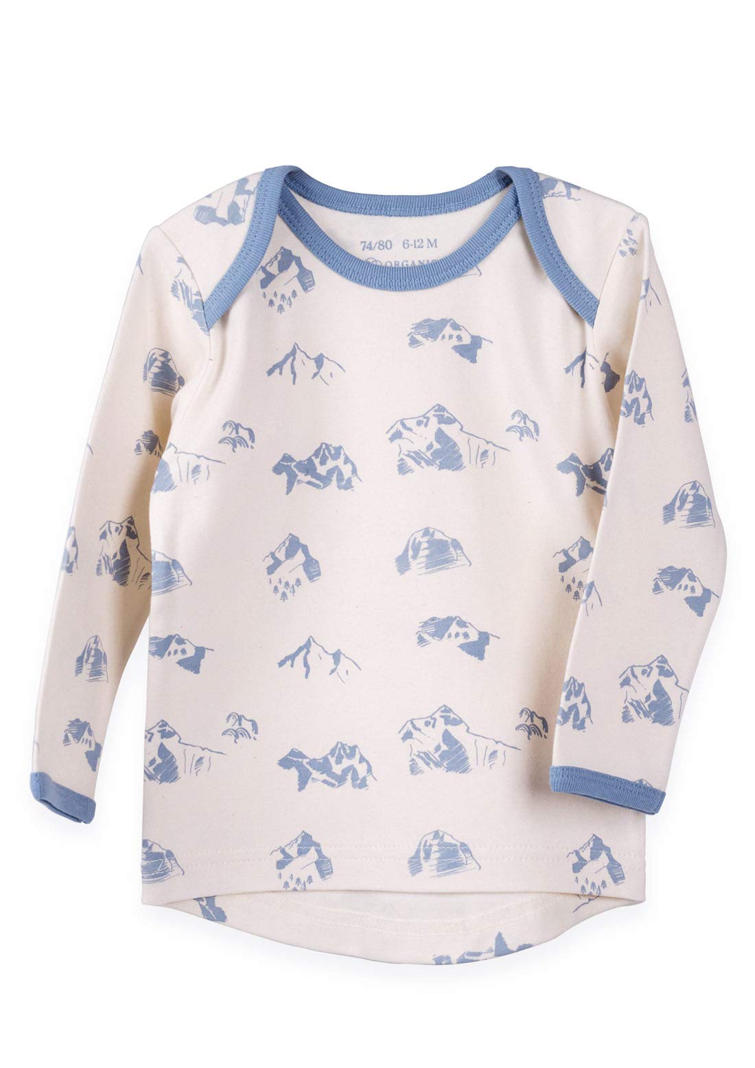 Organic by Feldman Long Sleeve Shirt 100% Organic Cotton Interlock GOTS Certified With Stretchy Collar Created Hem Back Healing Mountains Nature beige Natural with grey blue print 62 / 68
