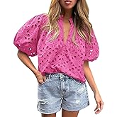 yoeasy Women's Lantern Short Sleeve V Neck Hollow Out Embroidered Blouse Buttons Eyelet Lace Shirts Tops