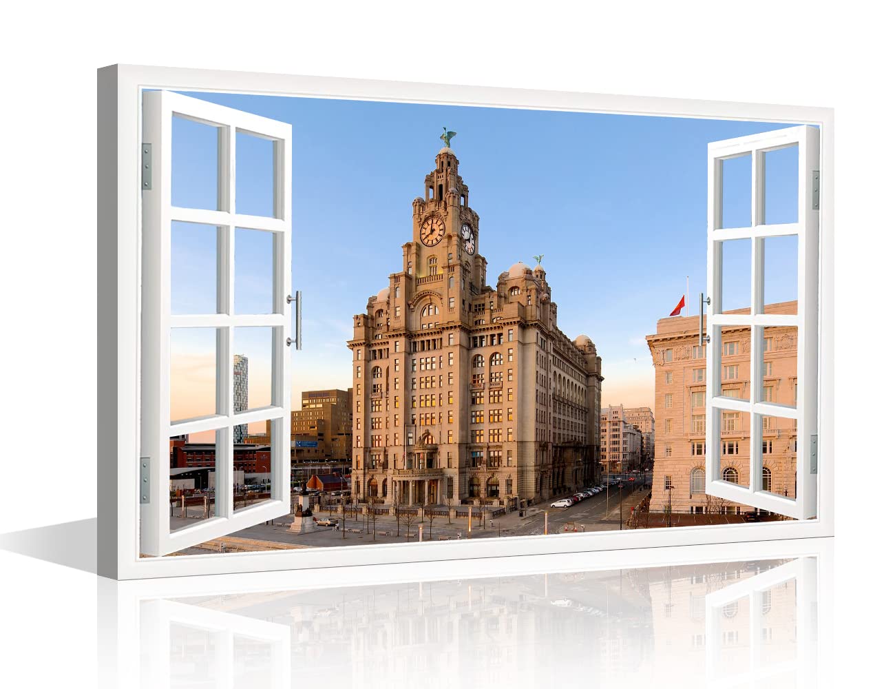 3D Window View Liverpool Building Canvas Art Wall Decor The Iconic Buildings of England Wall Art Prints Decorate for Living Room Bedroom Office Posters Prints Framed Ready to Hang - 24"W x 16"H