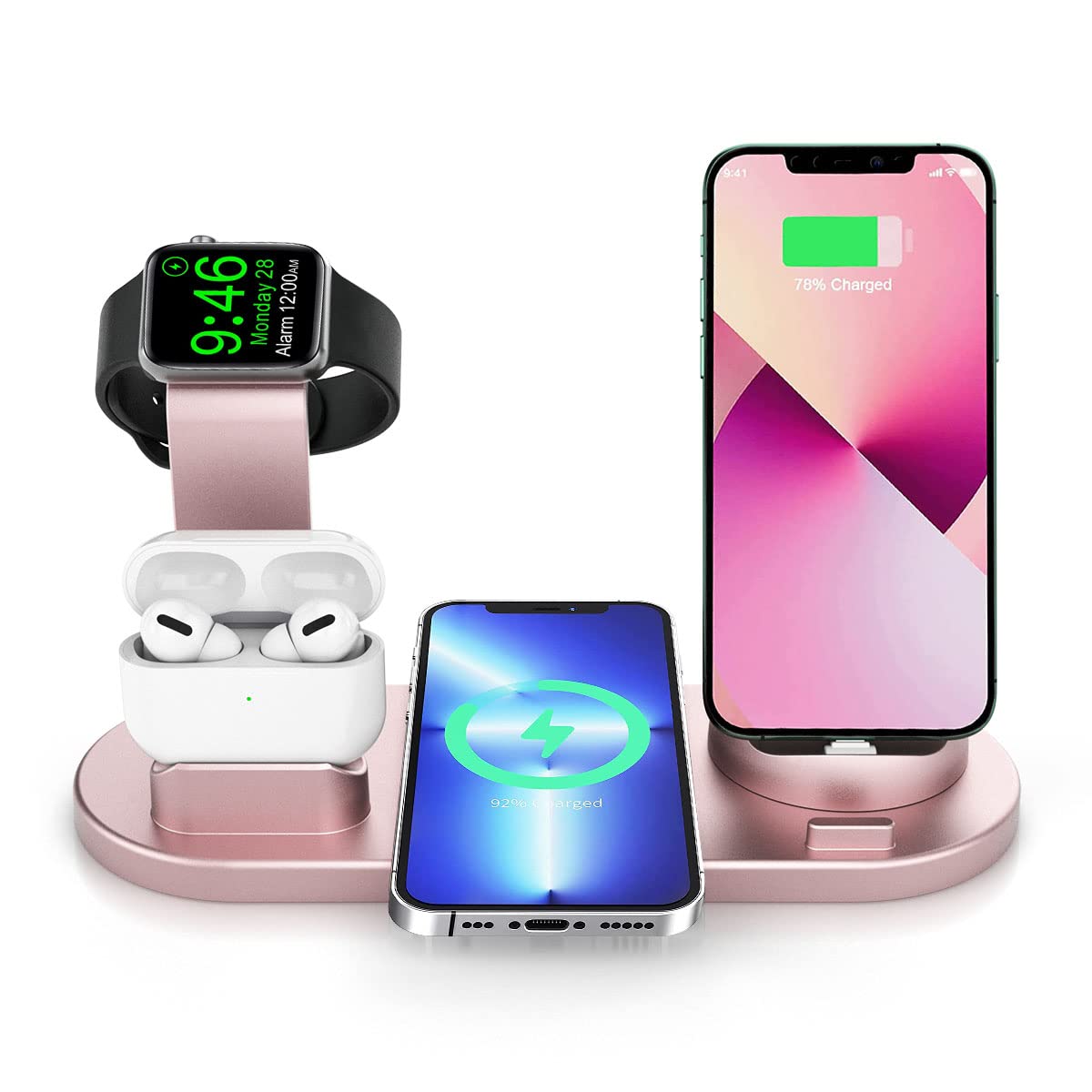 Charging Station, 3 in 1 Wireless Charging Station for Multiple Devices, Phone and Watch Charger Stand Multi Charger Station for Iphone, iWatch, Airpod, for Samsung Phone, Rose Gold