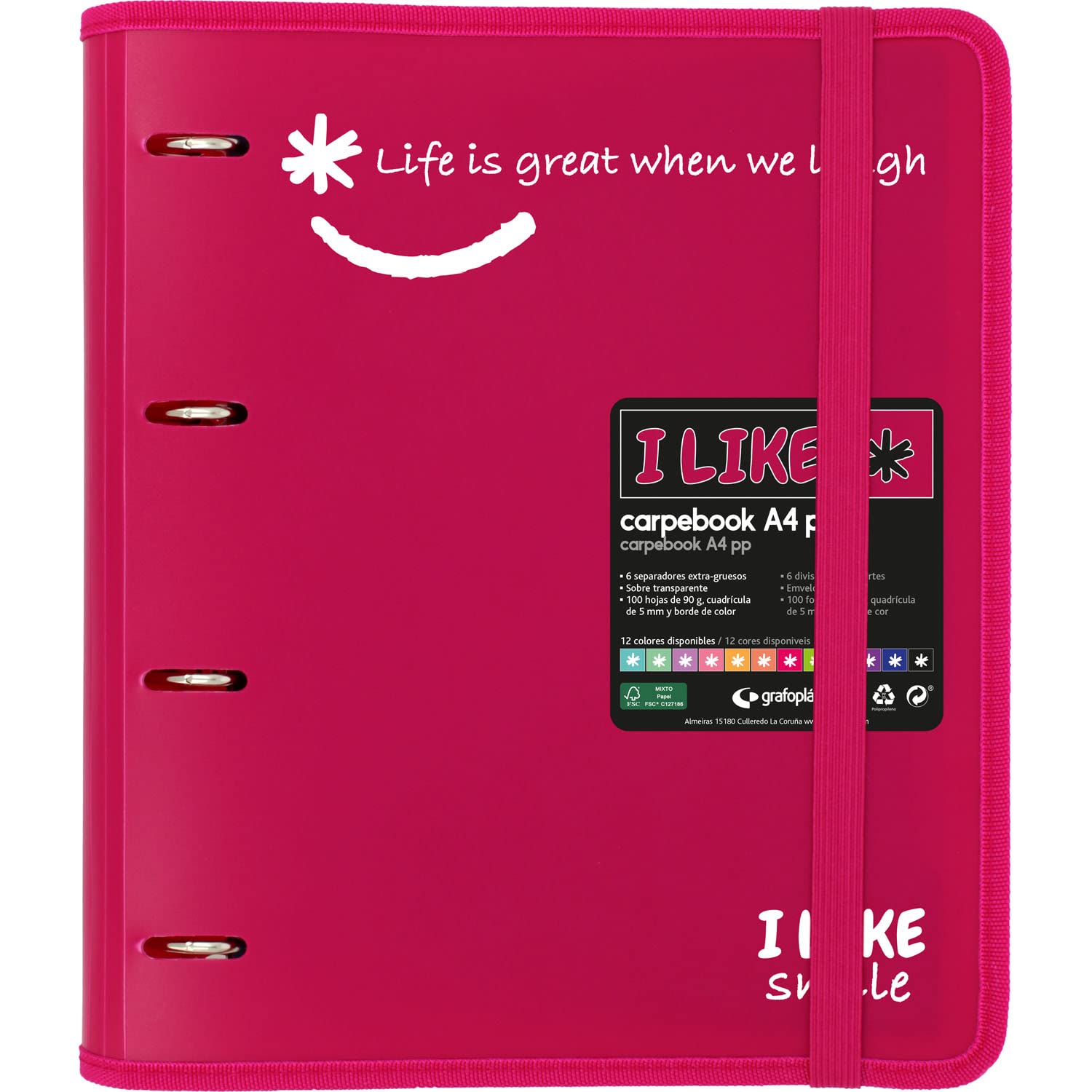 Grafoplás 88101854 4 Ring Binder with Refill, A4, Fuchsia, Semi-Rigid Polypropylene, Including Separators, Carpebook Like