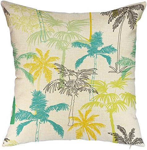 FIBEROMANCE Coconut Tree Palm Tree Decorative Throw Pillow Cover Spring Summer Decorations Cushion Case for Home Decor Cotton Linen Pillowcase Square 18 x 18 Inch