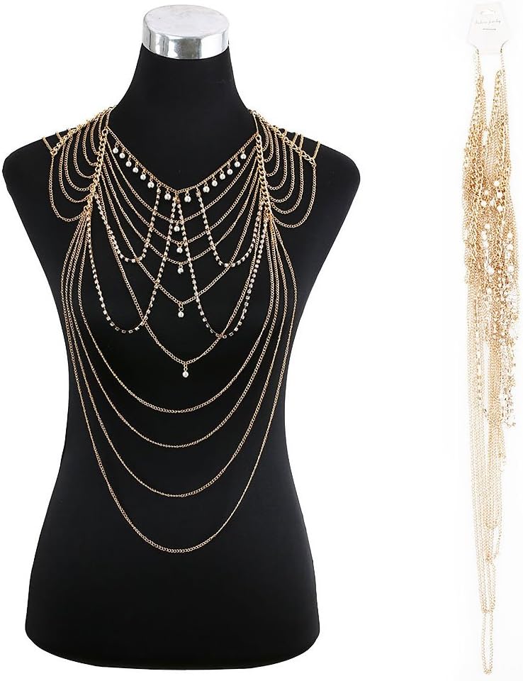 DOTASI Bikini Beach Crossover Harness Pearl Rhinestone Statement Shoulder Necklace Body Chain
