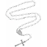 NCPLYGOU Rosary Beads Cross Necklace for Women, Catholic Rosary Necklace for Men with Crucifix, Crystal Heart Shaped Rosarios Catolicos, First Communion Christian Gifts(Clear)