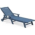 SERWALL Patio Chaise Lounge Chair, 78'' Long HDPE Outdoor Lounge Chair 5 Positions Adjustable Outdoor Lounger, Poly Lounge Chair with Rolling Wheels & Cup Holder for Pool, Navy Blue