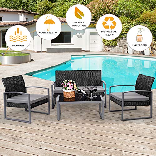 Tangkula 4 PCS Outdoor Patio Furniture Rattan Wicker Conversation Set
