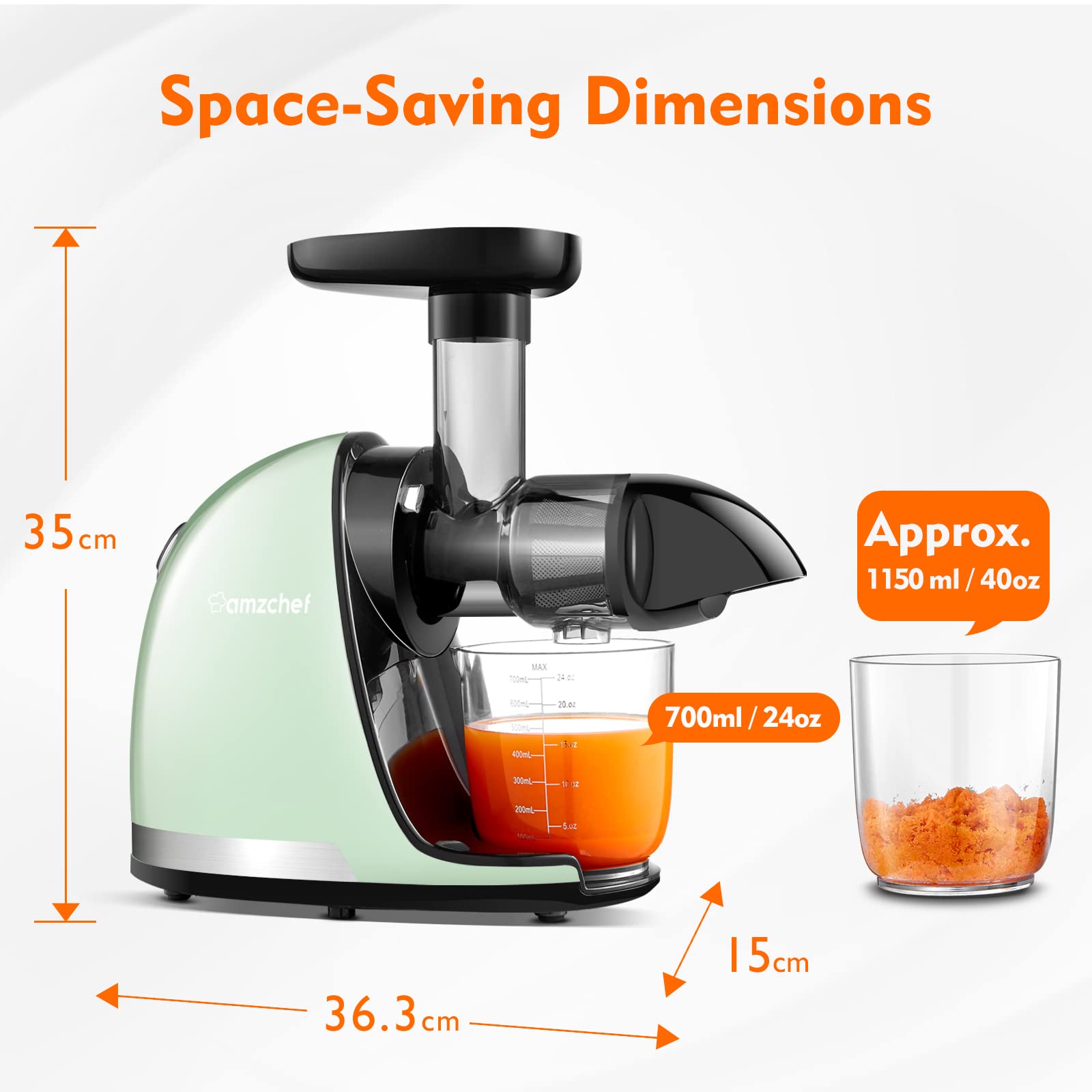 Slow Juicer, AMZCHEF Masticating Juicers Machines with Reverse Function, Cold Press Juicer with Brush, Recipes for High Nutrient Fruits and Vegetables, Green(Updated)