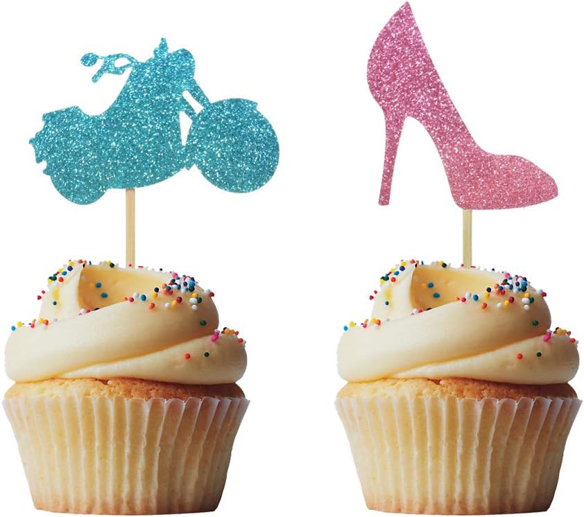 24 PCS Glitter Wheels or Heels Cupcake Toppers for Gender Reveal Party Baby Shower Birthday Party Decorations - Boy or Girl - He or She