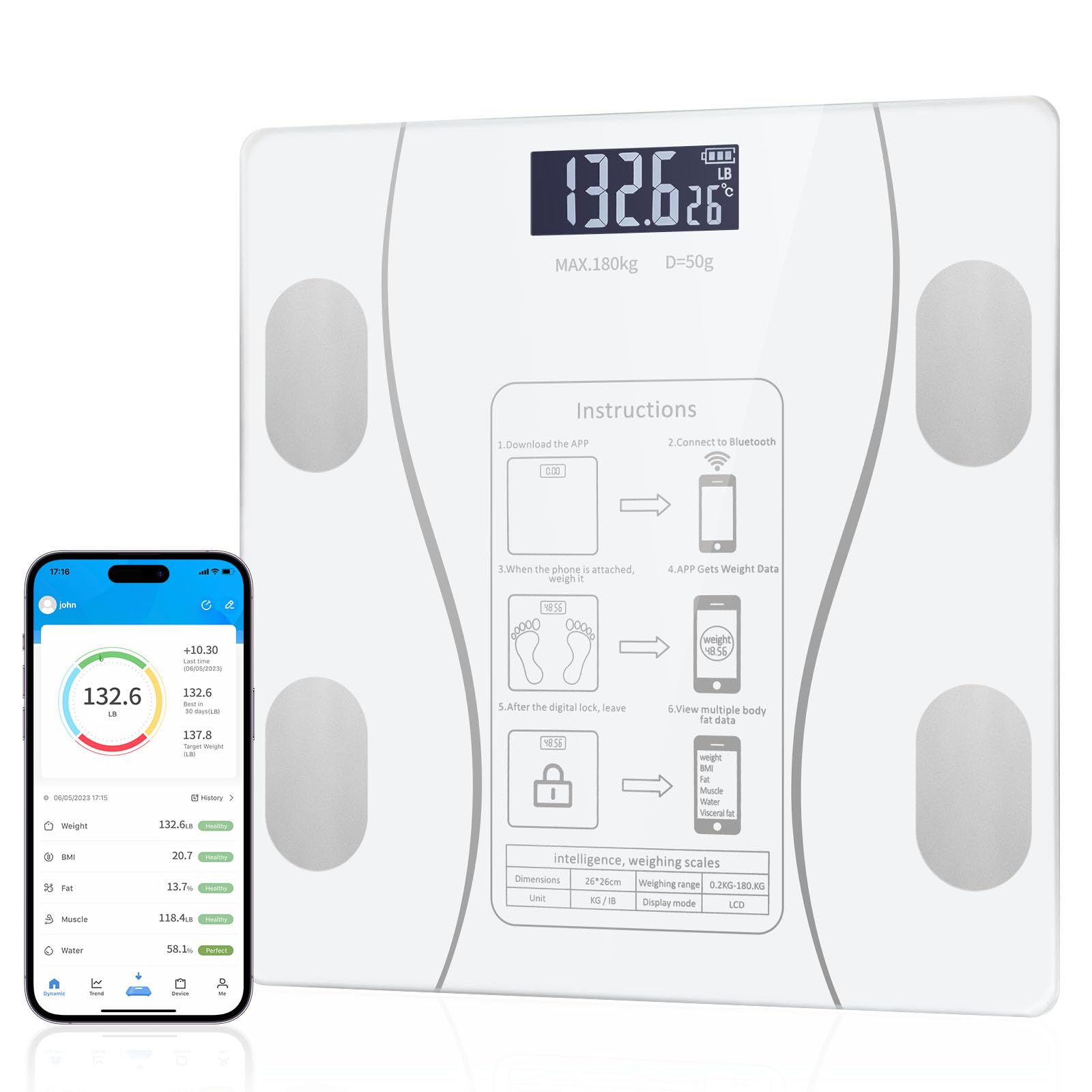Photo 1 of Digital Simple and Practical Body Fat Scale with Smartphone App (White)
