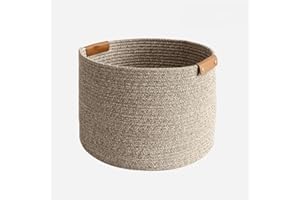 SOORXIEIN 1 Pack Cotton Woven Basket with PU Leather Handle, Medium Organizer for Kids Clothes Toys Candy Birthday Gifts, Large Storage for Living Room Bathroom, Bed for Dog Cat, Cute Decor, Coffee