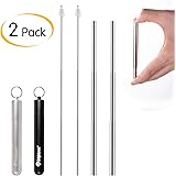 2 Pack Reusable Drinking Straws Stainless Steel-Portable Telescopic Drinking Straw with Cleaning Brush & Keychain Travel Case for 12-40 OZ Tumbler Rambler Cup Bottle and Coffee Mug (Silver & Black)