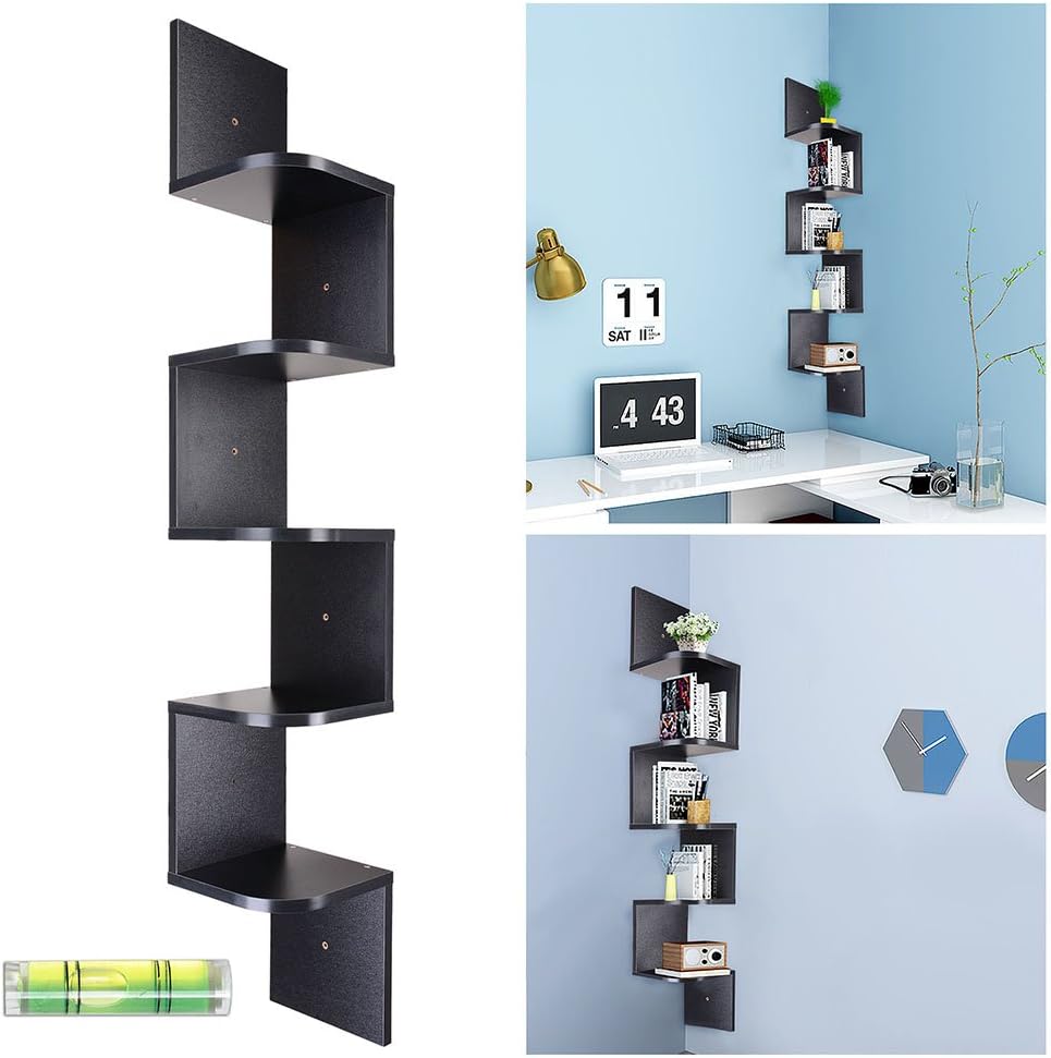 Yescom 5 Tiers Zig Zag Floating Wall Mount Corner Shelf Wooden Display Shelves Storage Organizer with Gradienter Black