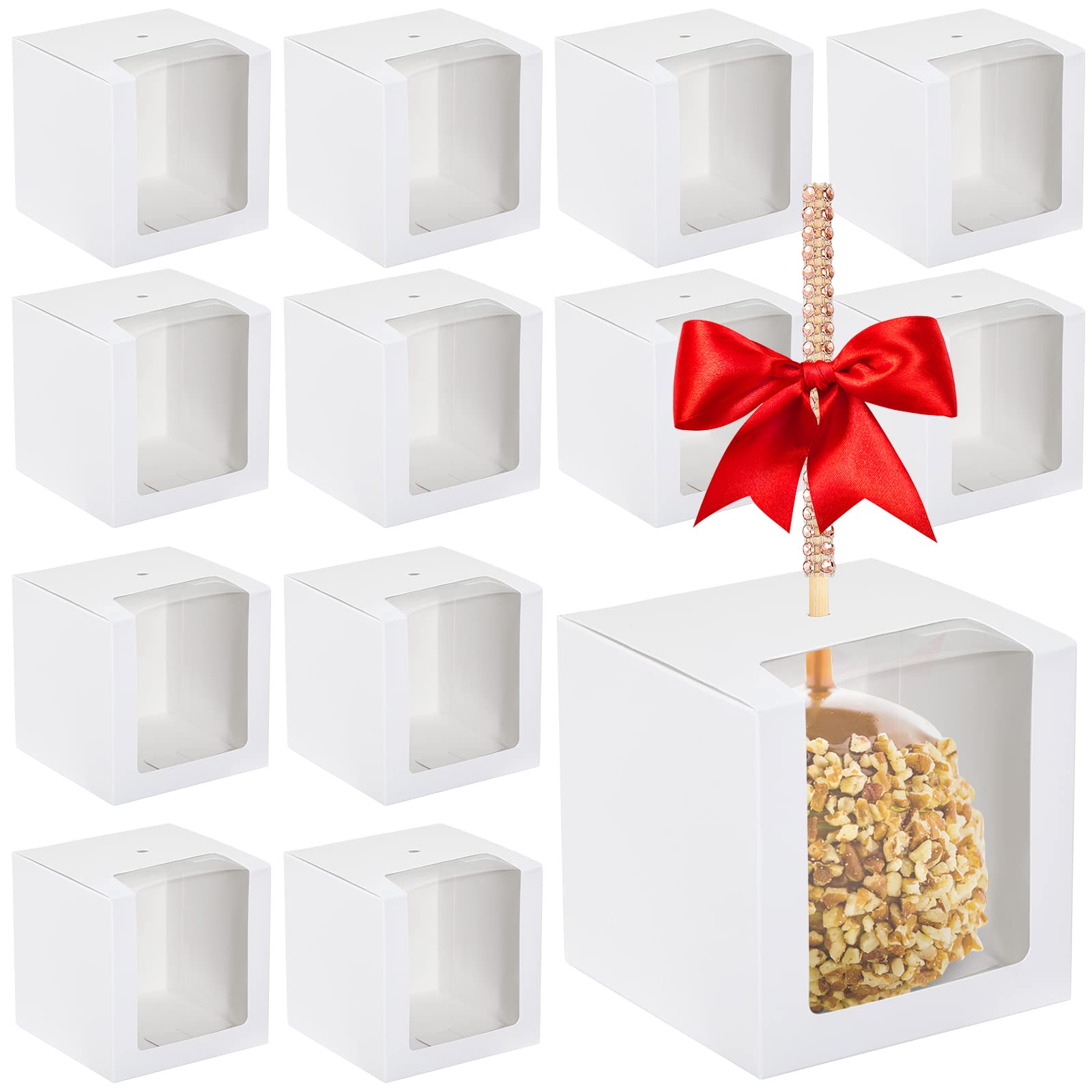 Photo 1 of 100 Pcs Candy Apple Boxes with Hole Caramel Apple Boxes 4 x 4 x 4 Inch Gift Box Cookies Chocolate Container with Clear Window for Harvest Autumn Party Wedding Baby Shower(White)