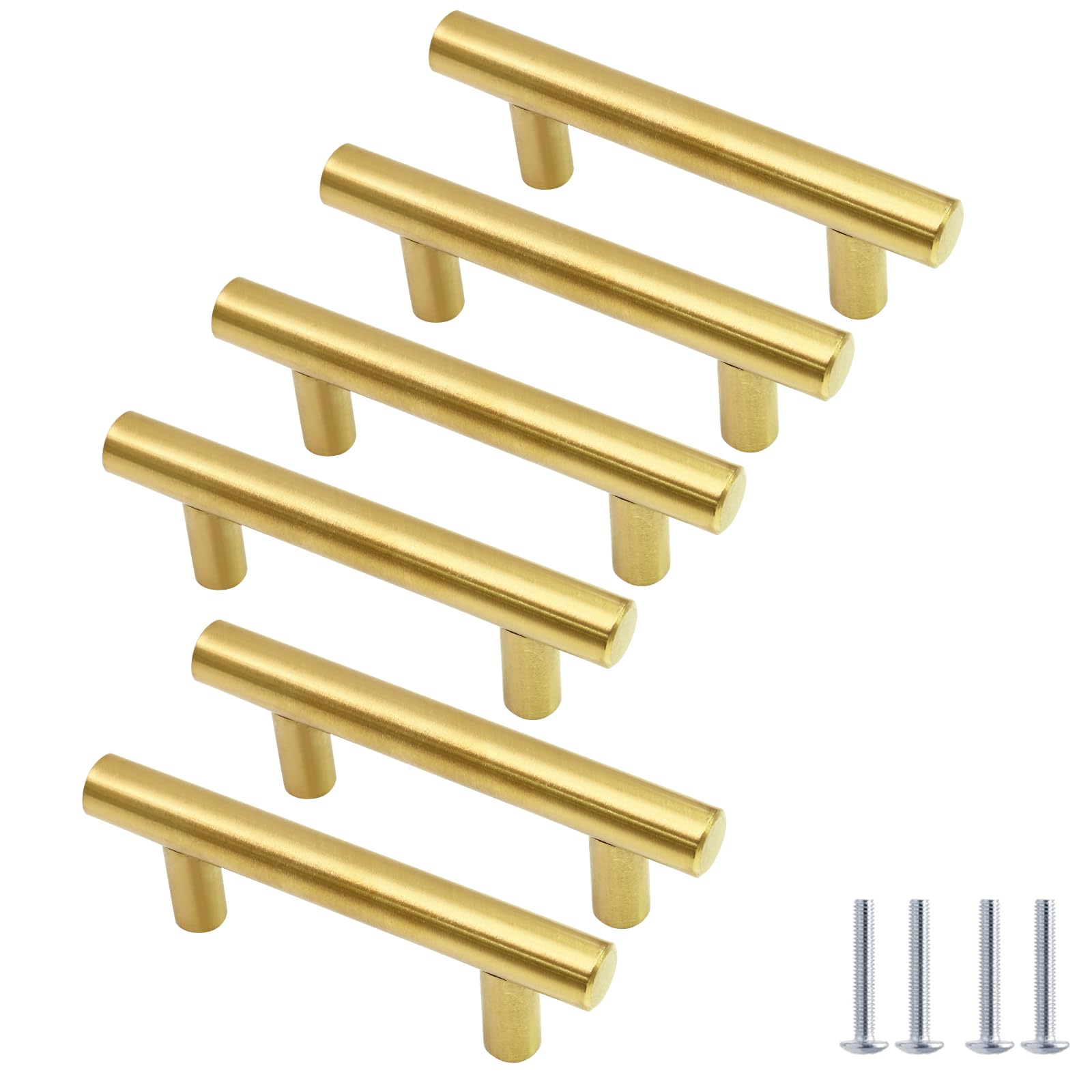 Cjueiom 6 Pack Gold Cupboard Handles 64mm Hole Center T Bar Handles, Stainless Steel Drawer Pulls Long Wardrobe Door Handles, 100mm Length Kitchen Cabinet Pulls for Bedroom Drawer — image 1