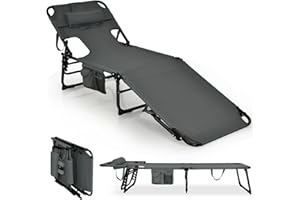 Giantex Beach Chaise Lounge Chair, Patio Folding Recliner with Face Cavity Hole, Detachable Pillow, Arm Slots, Storage Pouch,