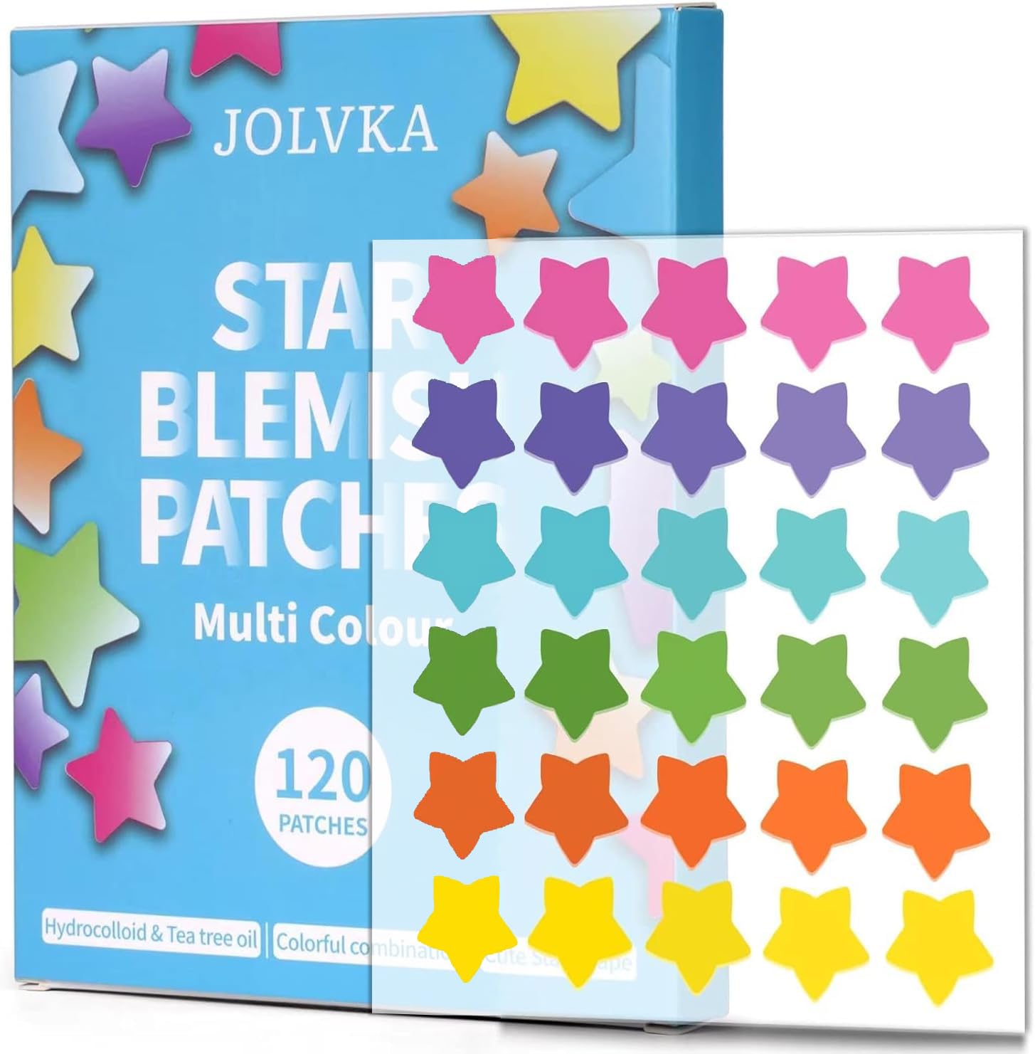 JOLVKA Star Pimple Patches,Hydrocolloid Patches (120 Patches),Cute Pimple Patches in 6 Colors for Face,Cute Face Stickers