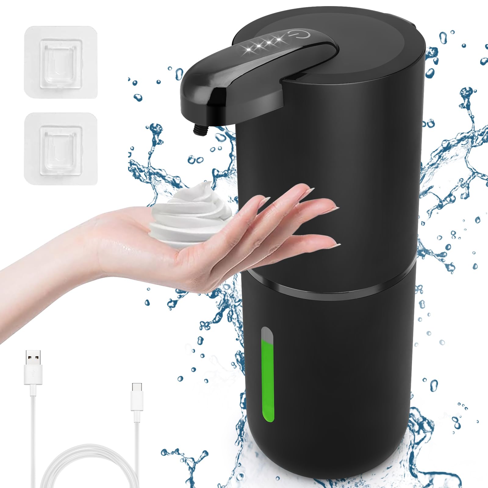 Cuteefun Automatic Foaming Soap Dispenser, 380ml Rechargeable Touchless Hand Soap Dispenser, 4-Level Adjustable Foam Volume, IPX5 Waterproof, Wall Mounted Black Dispenser for Bathroom, Kitchen
