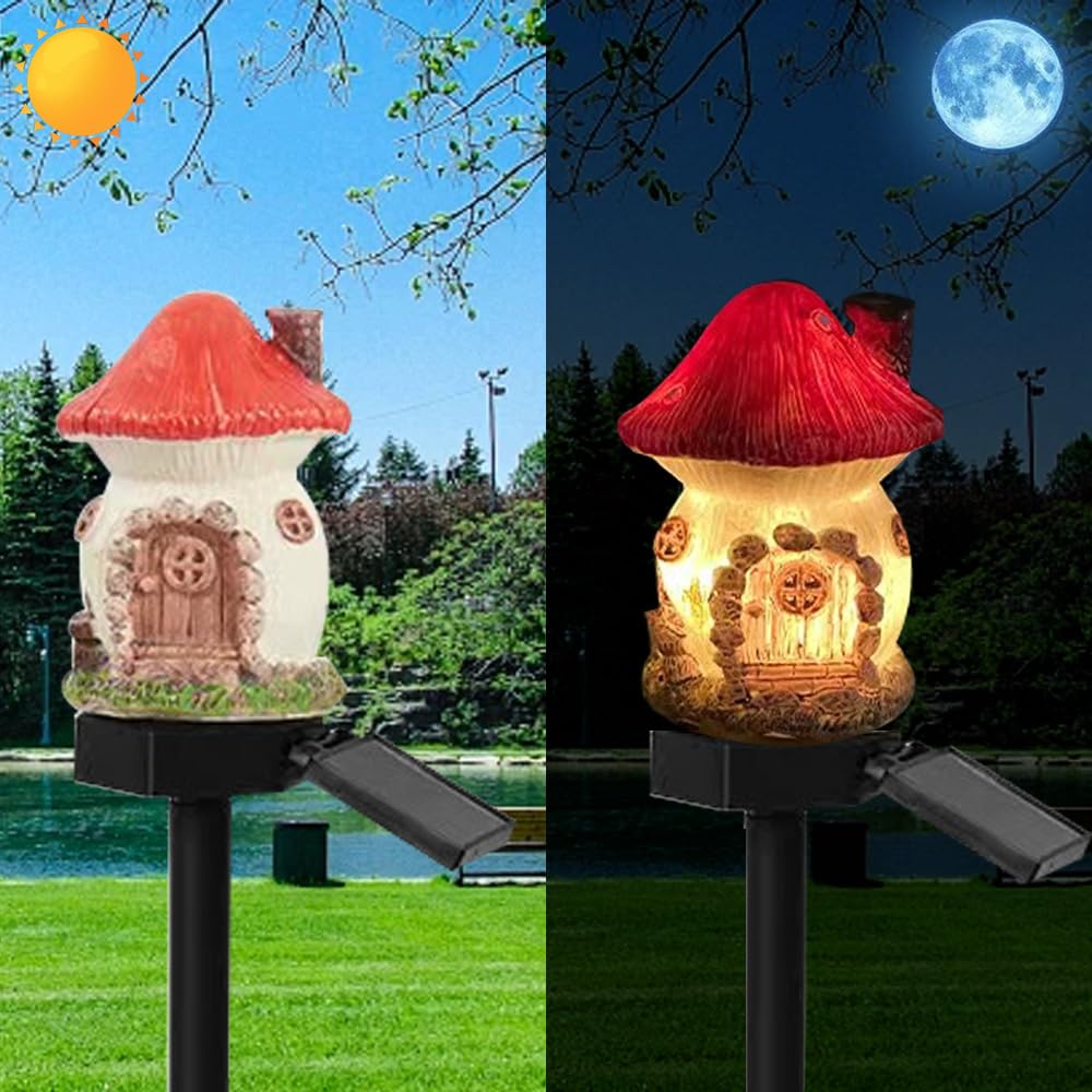 YZYOE Solar Powered Red Mushroom House Lamp, Garden Decoration Resin Cute Mushroom House Floor Lamp， Wireless Dusk to Dawn LED Sconce Lights Waterproof.