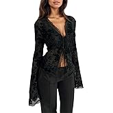 OCUH Sexy Lace Blouse Women Long Bell Sleeve Button Up Deep V Neck Tops Mesh Sheer Ladies Tops Coquette Clothes