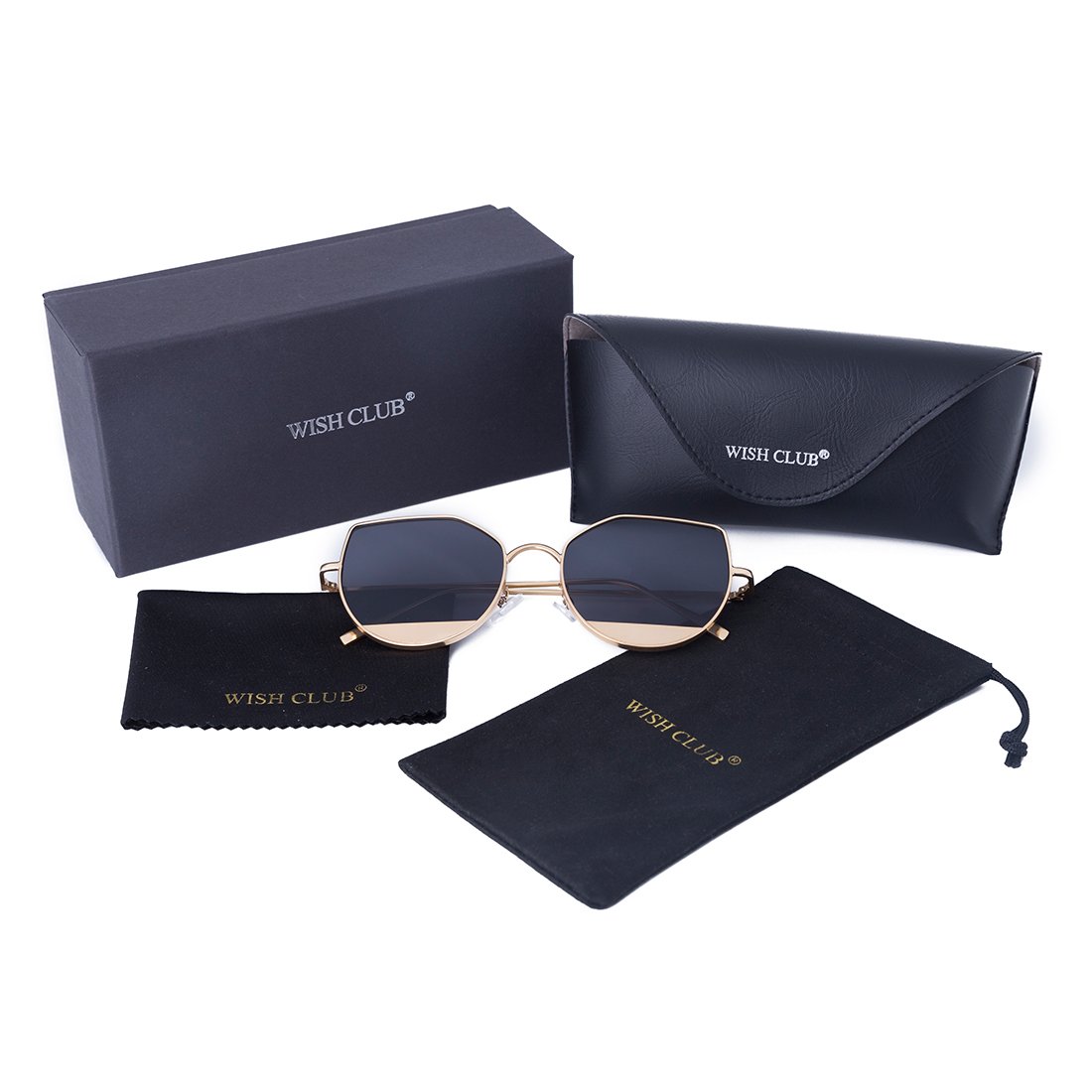 WISH CLUB Cat Eye Sunglasses Coating Mirrored Flat Lenses Fashion Metal Frame Women UV 400(Black)