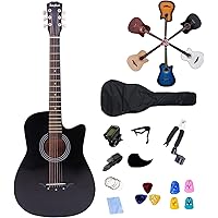 Rosefinch 38 inch Acoustic Guitar 3/4 Size Cutaway Basswood Guitar for Beginner Adults Starter Bundle Kit (BLACK 38 inch)