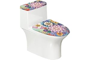 Maiyoinou Toilet Tank Lid Cover Replacement Set of 2, Bathroom Toilet Covers Set with Elastic Bottom Fits Most Size Toilet Tanks & Lids Indoor Decoration, Boho Flower Blue Purple