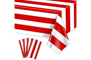4 Pcs Red and White Striped Vertical Tablecloths, Carnival Tablecover Plastic Disposable Red Stripes Table Cloths for Carniva