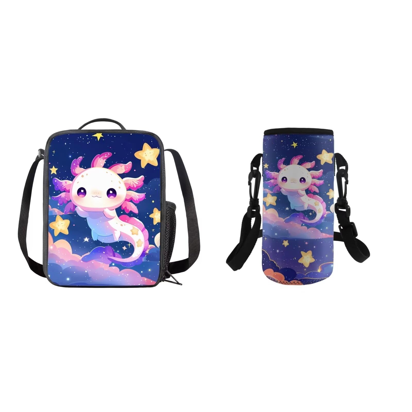 COEQINE Kids Cute Lunch Box with Water Bottle Insulation Cute Axolotl Galaxy Space Themes School Bag and Lunch Box Water Bottle Cute, Blue