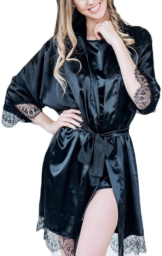 YEBIRAL Black Bathrobe for Women Sexy Lace Patchwork Long Sleeve