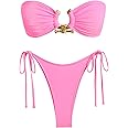 ZAFUL Metal Ring Bandeau Bikini Set Tie Side Bathing Suit High Cut 2 Piece Swimsuit Cutout Swimwear