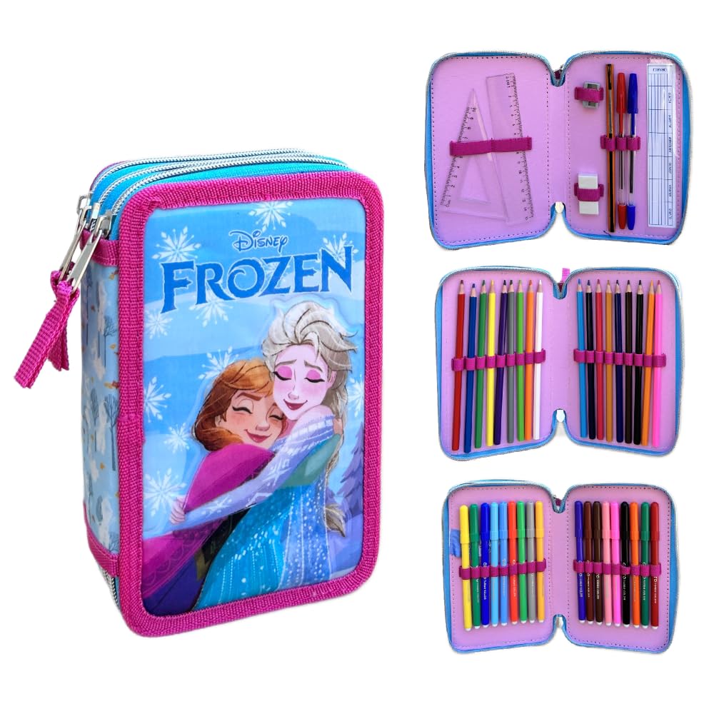 Disney Frozen 3 Zip Multi-Compartment Pencil Case for School Complete 44 Pieces Pens Pencils Colours Markers Giotto