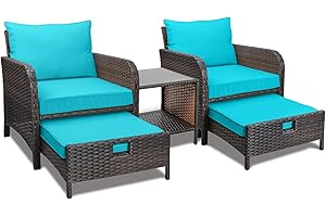 LEVELEVE Balcony Furniture 5 Piece Patio Conversation Set, PE Wicker Rattan Outdoor Lounge Chairs with Soft Cushions 2 Ottoman&Glass Table for Porch, Lawn-Brown Wicker
