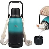 Insulated Water Bottle with Handle and Strap,Vacuum Travel Tumbler with Cup Lid,Thermo Coffee Cup for Hot Cold Drinks 40 OZ,TealBlack