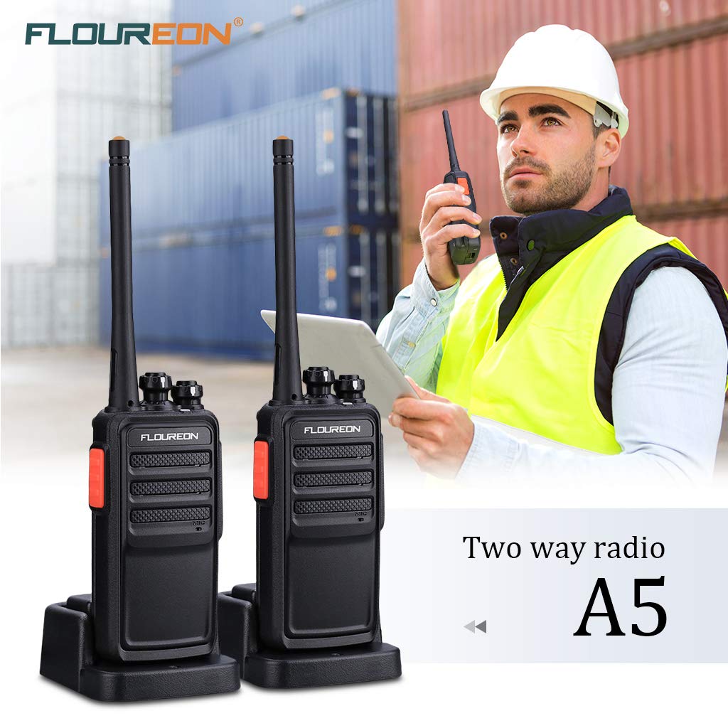 FLOUREON Rechargeable 16 Channel WalkieTalkies PMR 446MHZ License-free Two Way Radio Handheld Transceiver Voice Prompt long Range Interphone Scan TOT with LED Light Earpieces Black 2 Pack