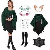 Gumyawl 6Pcs Women Elf Costume Renaissance Traditional Irish Fairy Dress With Elf Accessories Set for Halloween Cosplay