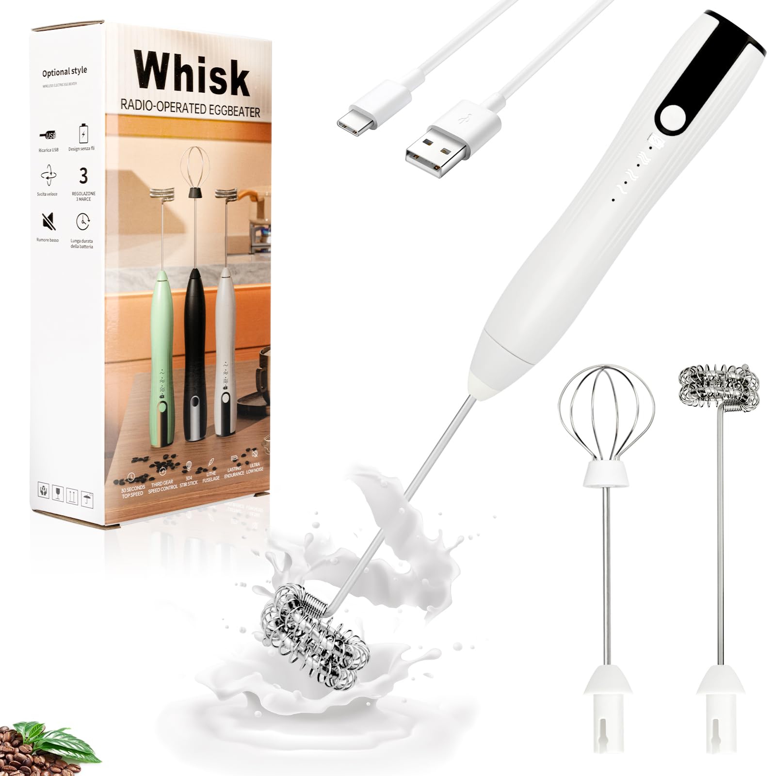 TonJin Double Whisk Milk Frother Handheld USB-C Rechargeable Electric Drink Mixer White,3 Speeds Adjustable Coffee Foamer Drink Whisk for Lattes, Matcha, Hot Chocolate, Egg, Matcha
