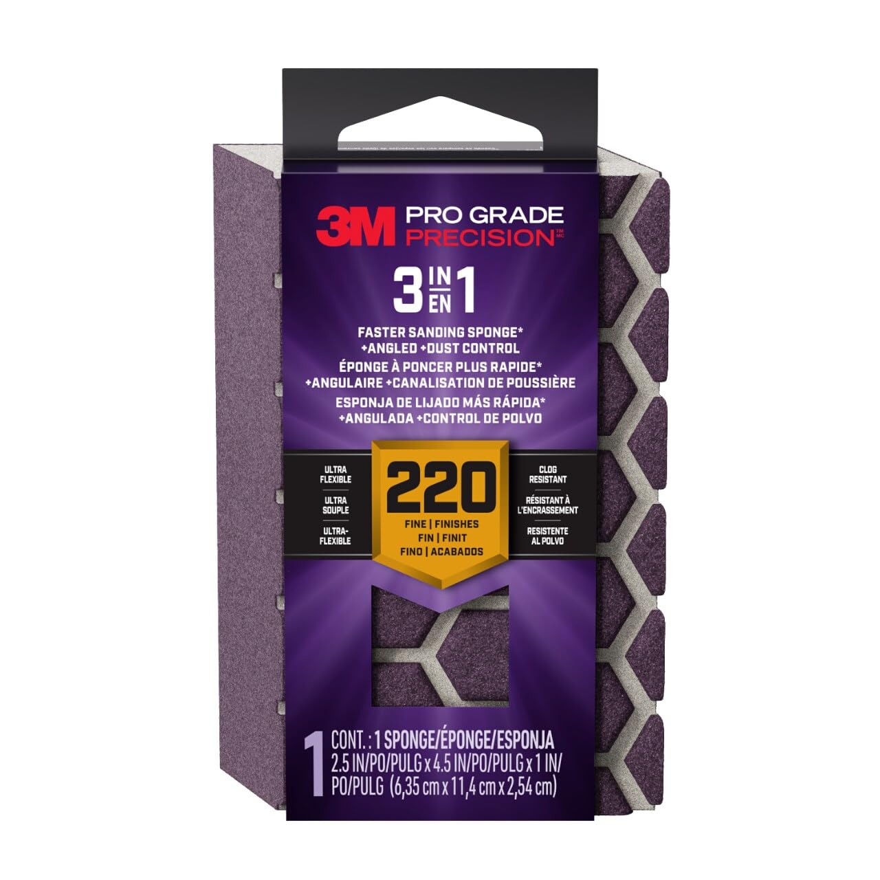Photo 1 of 3M DCDA220-PGP-1T Pro Grade Precision 3-in-1 Angled Faster Sanding Sponge, 220-Grit Extra-Fine, 2.5" x 4.5" x 1"