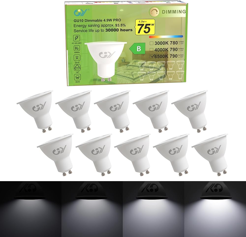 GY Dimmable GU10 LED Bulbs 4.9W 790LM 6500K 120° 10 Pack 75W Replacement