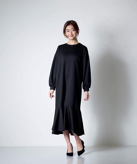 Amazon Co Jp 神戸レタス 裾フレア切替え ボリューム袖 スウェット マキシワンピース レディース 長袖 E1980 ワンサイズ M ブラック 服 ファッション小物