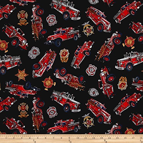 Quilting Treasures 5 Alarm Firetrucks & Shields Black Fabric By The Yard