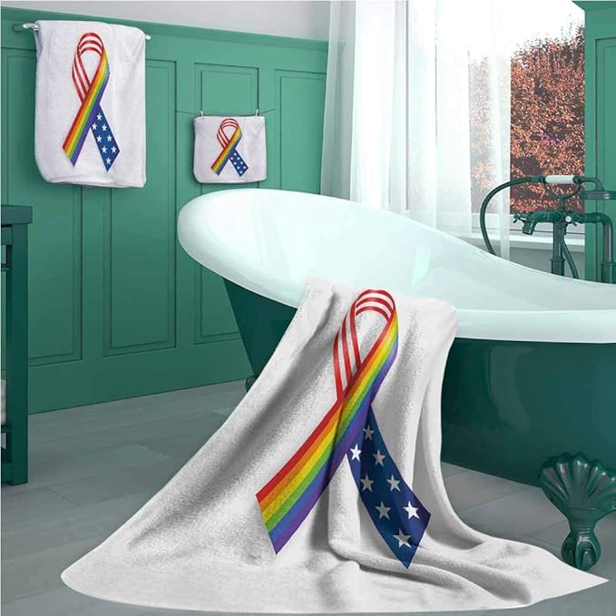 Pride Bath Towel Set, Rainbow and USA Ribbons Solidarity Equality and Awareness in