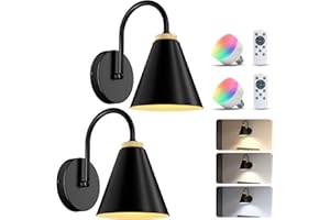 NIORSUN Battery Operated Wall Sconce Set of 2,3 Color Rechargeable Wall Lights with Remote Control, Dimmable Cordless Wall Sconce,RGB Wall Lamps for Bedroom Living Bathroom Light Fixtures(Black)