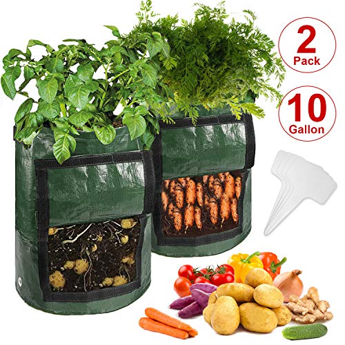 CicoYinG 2-Pack 10 Gallon Potato Grow Bags – Plant Growing Bags w/Drainage Holes & Access Flap & Handles, Garden Bag Plant Pot for Grow Vegetables, Plant Bags Fabric Pots w/4Pcs Plant Labels