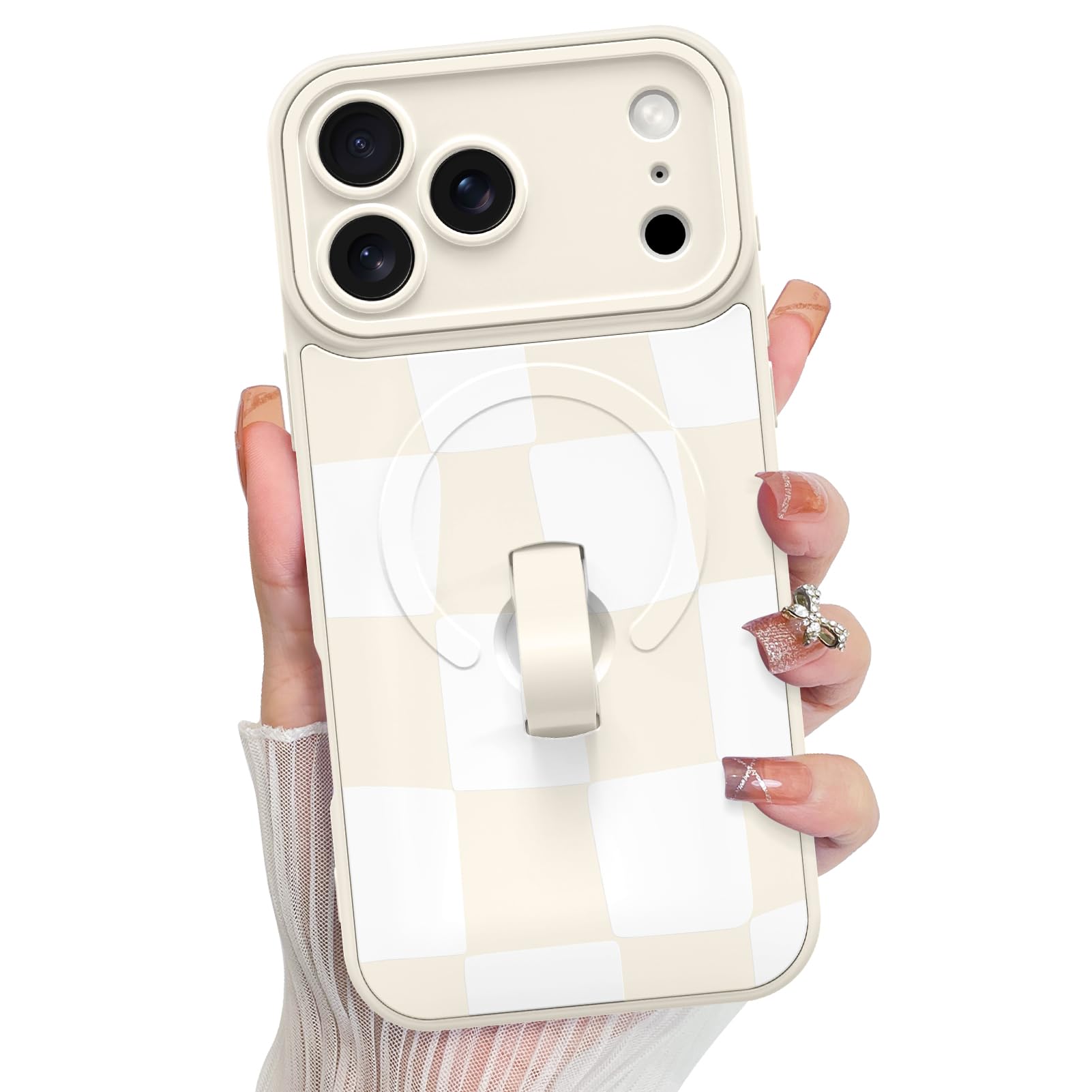 KANGHAR Compatible with iPhone 17 Pro Max Case, Support for MagSafe, Silicone Checkered Cute Pattern, Wristband Kickstand Camera Protection Soft Slim Cover for Girls Women -White