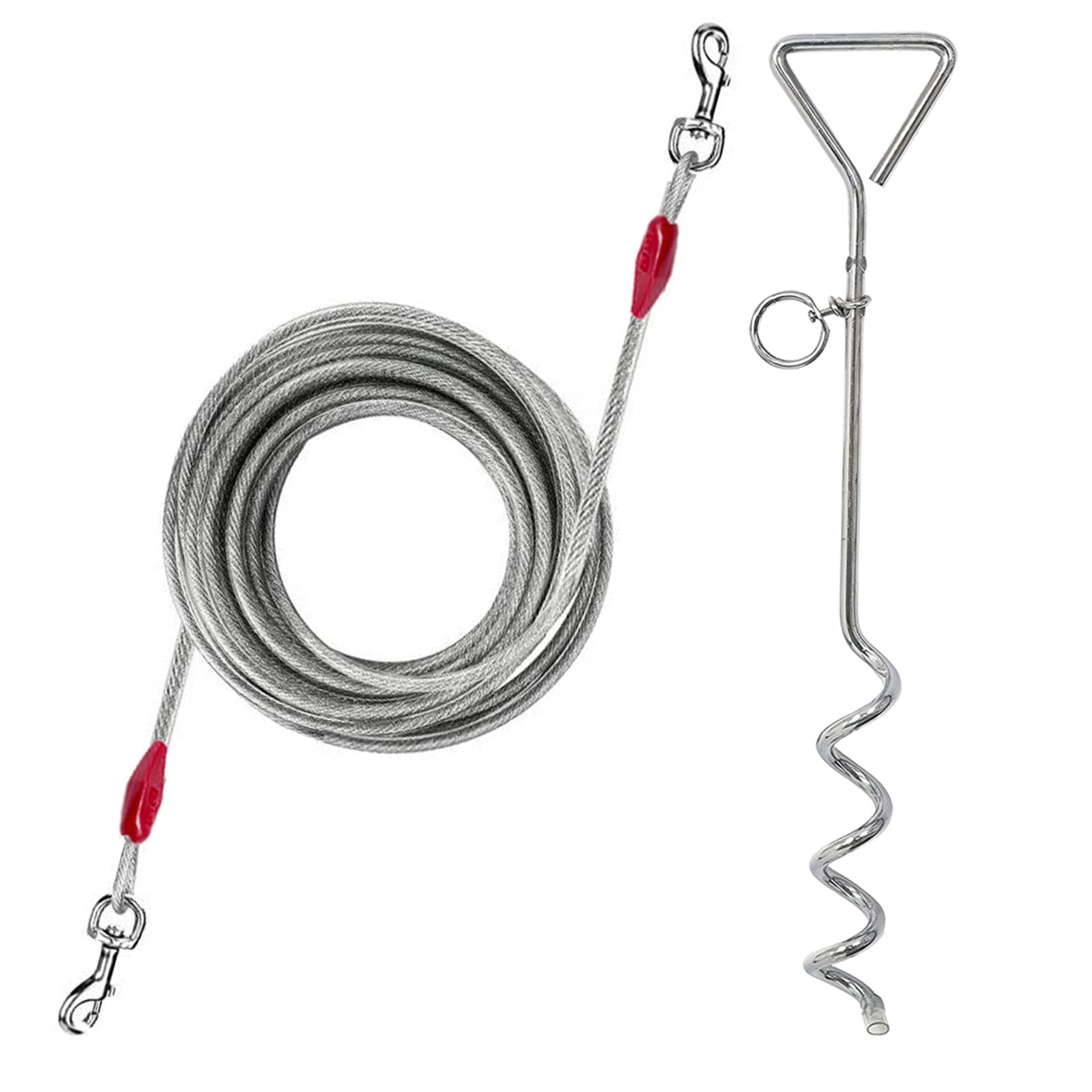 20ft (6m) Dog Tie Out Cable with 16" (40cm) Heavy Duty Steel Spiral Ground Spike Stake Dog Chains for Outside Tether, Camping Lead Hook Leash (6 metre)