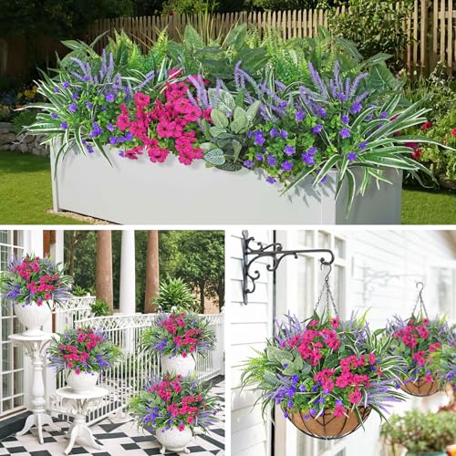 UXORSN 20PCS Artificial Plants Outdoor Fake Flowers UV Resistant Artificial Flowers Greenery Stems Boston Fern Lavender Faux Shrubs Plastic Plant for Garden Porch Planter Window Box Decor
