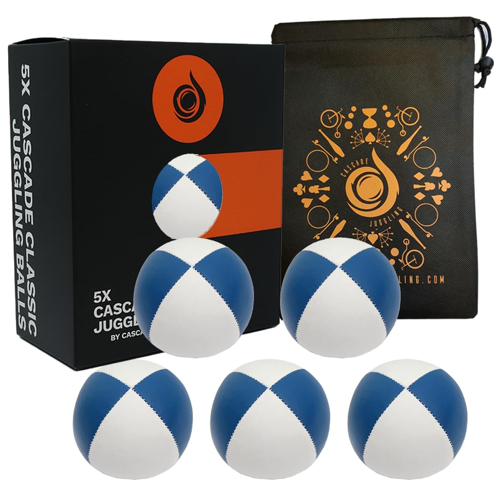 5 x Pro 115g Cascade Classic Juggling Balls - Thud Juggling Balls & Bag - Set of 5 Juggling Balls - Blue/White