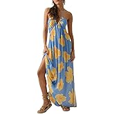 Women's Summer Boho Halter Neck Floral Maxi Sundress Sexy Sleeveless Tie Backless Low Cut Long Flowy Ruffle Dress
